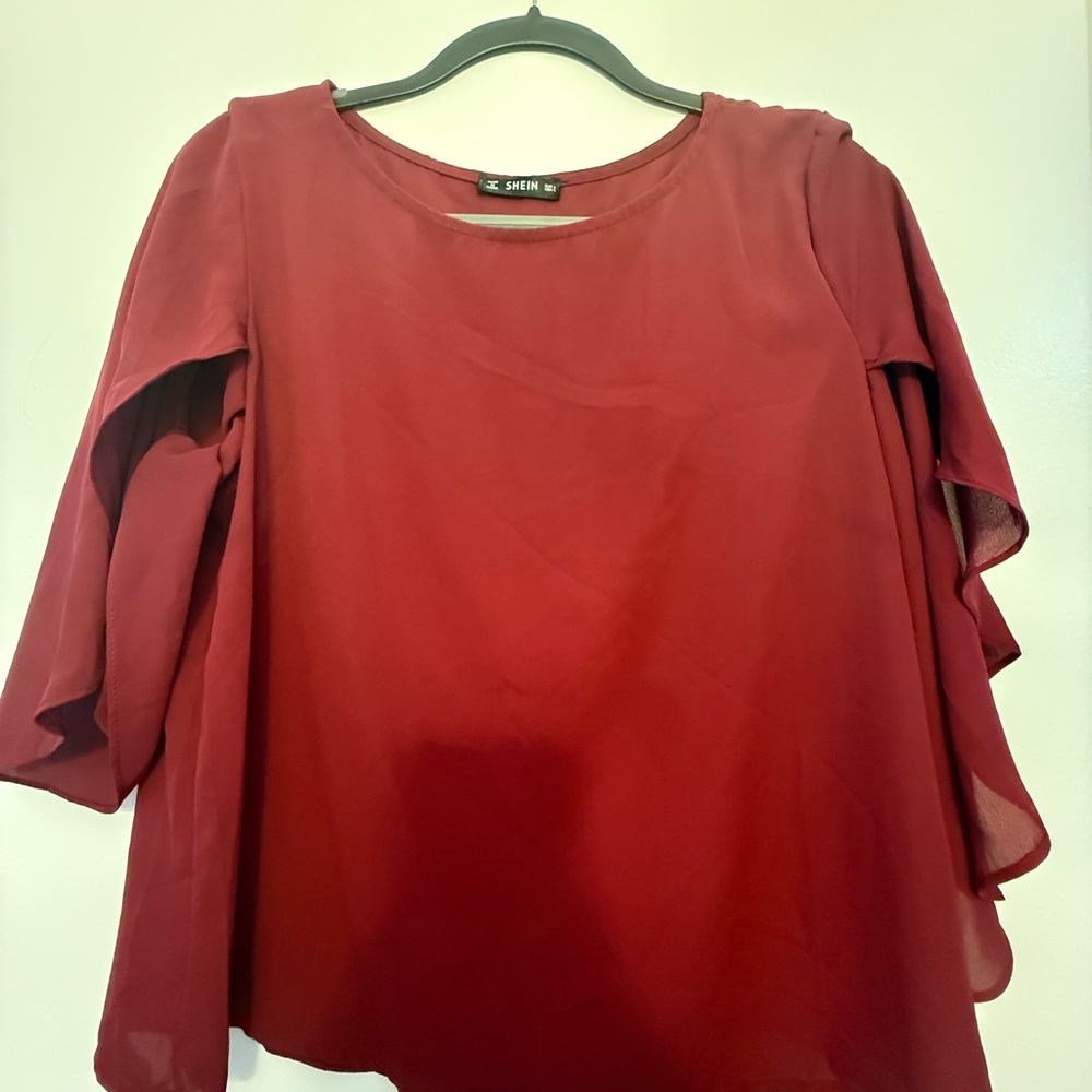 SHEIN Red Ruffled Flutter Sleeve Blouse
